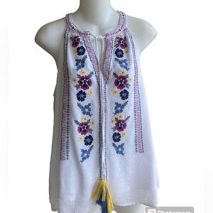 Alya White Multi Embroidered Sleeveless Peasant Top Blouse Tassels Size Medium